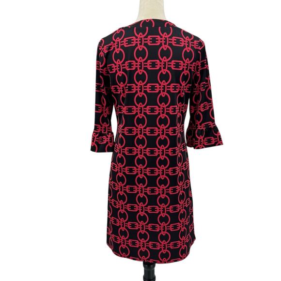 Aryeh Black & Red Geometric Chain Print 3/4 Flounce Sleeve Mini Shift Dress - Picture 3 of 12